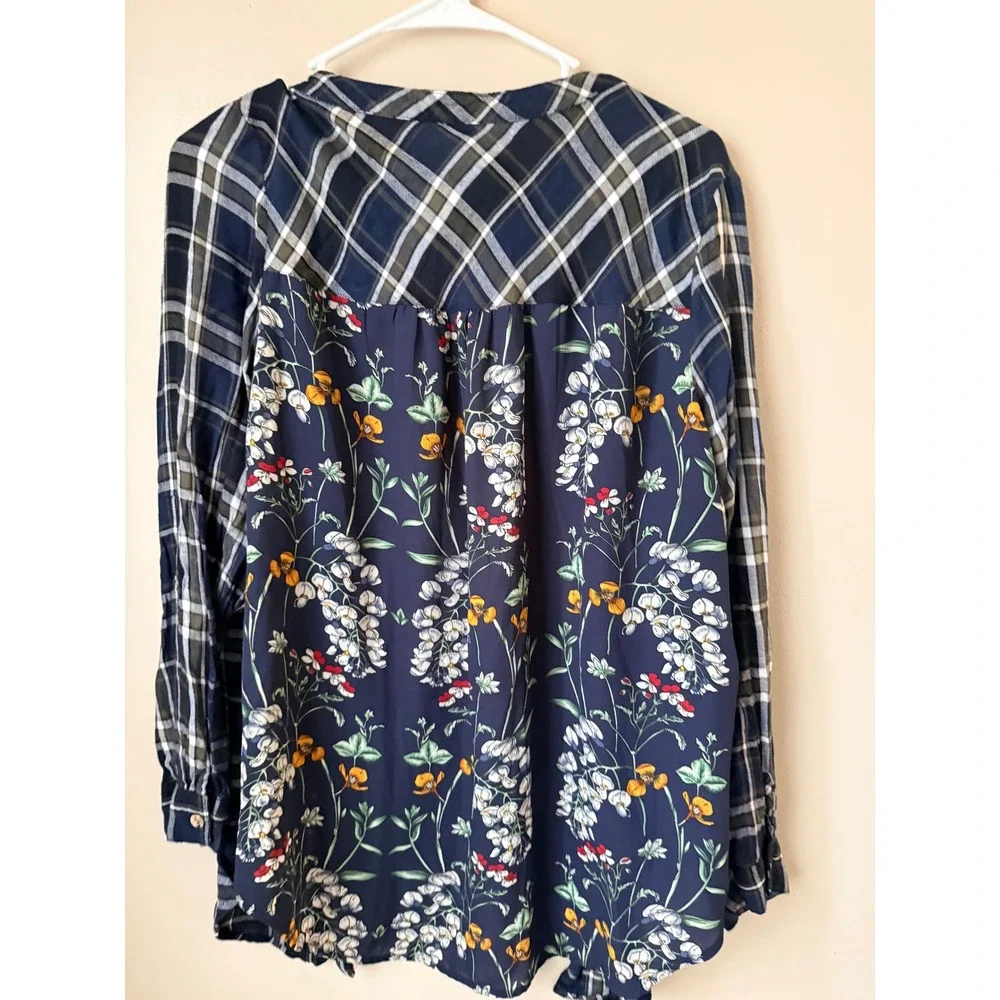 Westport Womens Long Sleeve Plaid Floral Patchwork Top Size L Boho Cottage‎